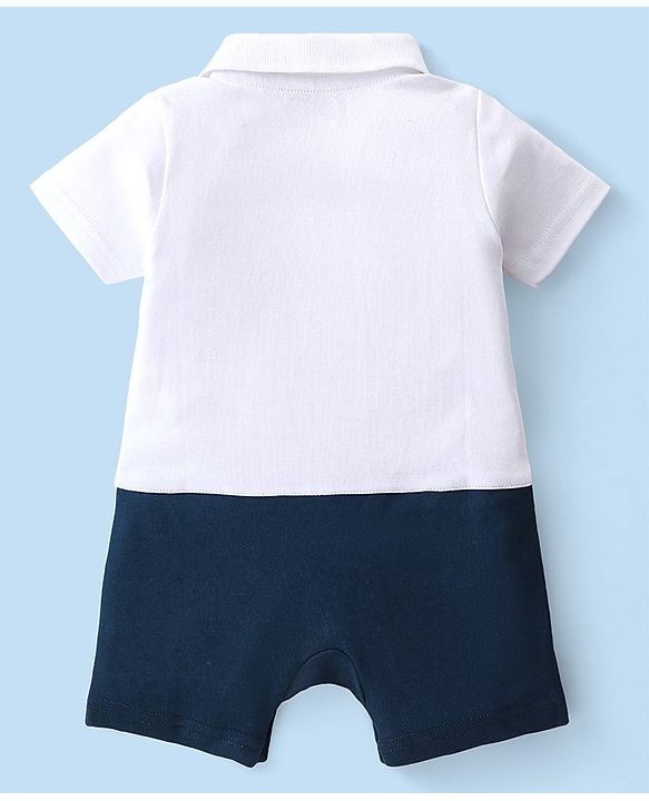 Babyhug 100% Cotton Knit Half Sleeves Pilot Theme Romper with Tie - Navy & White