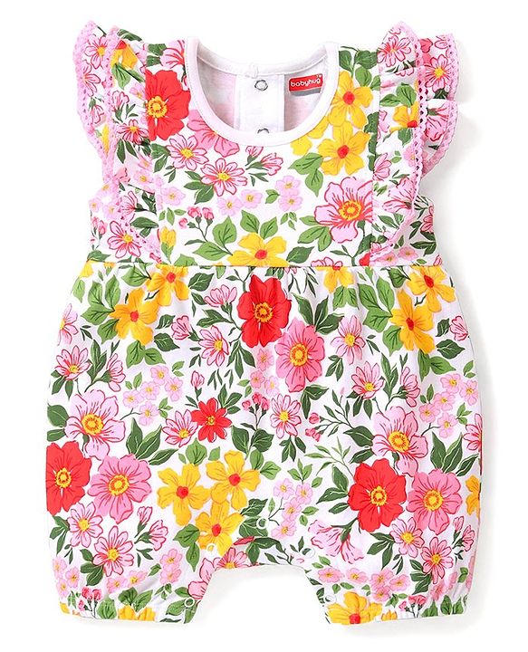Babyhug 100% Cotton Knit Frill Sleeves Floral Printed Romper - Multicolour