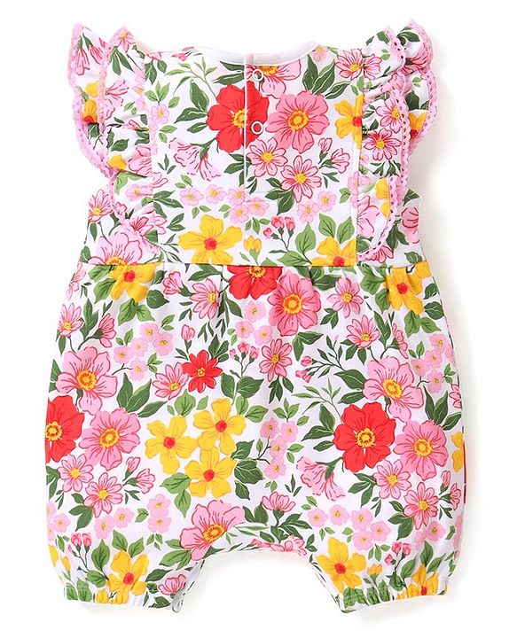 Babyhug 100% Cotton Knit Frill Sleeves Floral Printed Romper - Multicolour