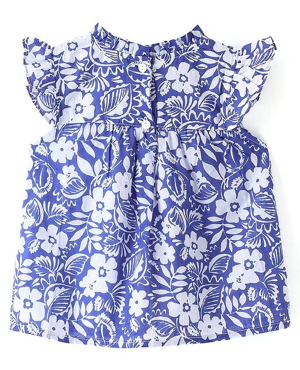 Babyhug 100% Cotton Frill Sleeves Woven Top With Bow Detailing & Floral Print - Blue