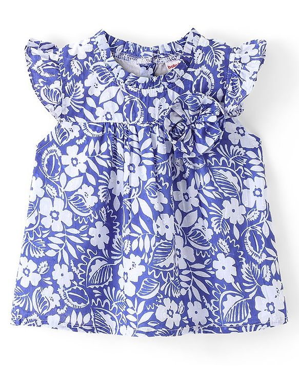 Babyhug 100% Cotton Frill Sleeves Woven Top With Bow Detailing & Floral Print - Blue