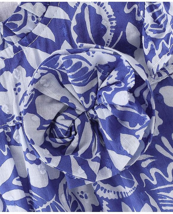 Babyhug 100% Cotton Frill Sleeves Woven Top With Bow Detailing & Floral Print - Blue
