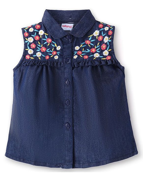 Babyhug Cotton Woven A-Line Sleeveless Shirt Styled Top With Floral Embroidery - Navy