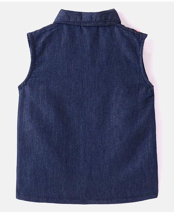 Babyhug Cotton Woven A-Line Sleeveless Shirt Styled Top With Floral Embroidery - Navy