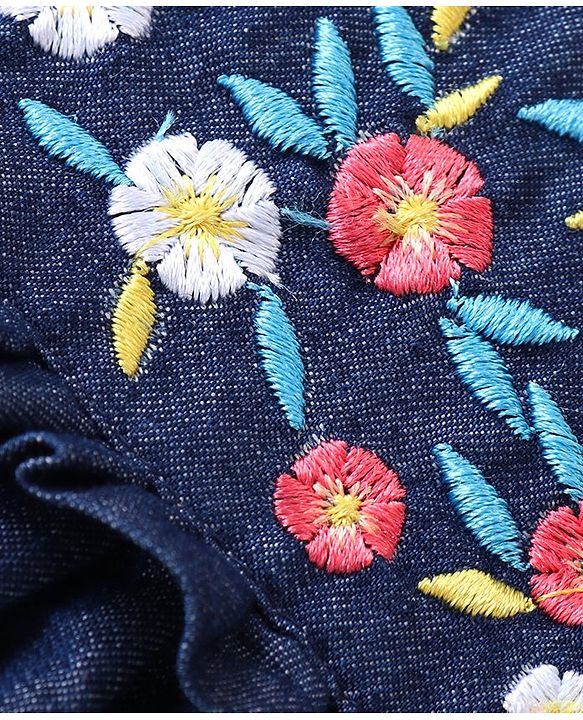 Babyhug Cotton Woven A-Line Sleeveless Shirt Styled Top With Floral Embroidery - Navy