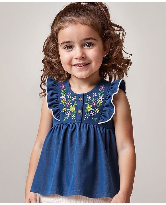 Babyhug Cotton Woven Frill Sleeves Top with Floral Embroidery - Blue