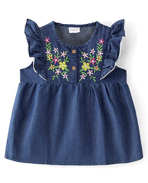 Babyhug Cotton Woven Frill Sleeves Top with Floral Embroidery - Blue