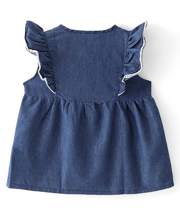 Babyhug Cotton Woven Frill Sleeves Top with Floral Embroidery - Blue