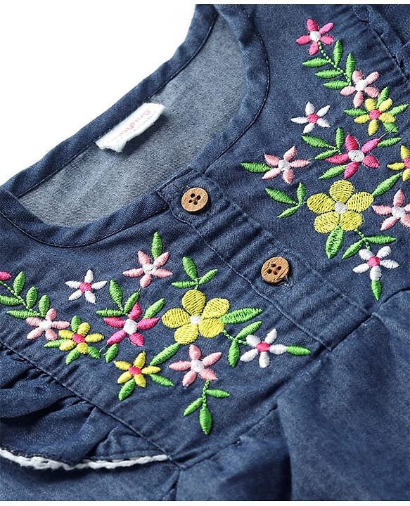 Babyhug Cotton Woven Frill Sleeves Top with Floral Embroidery - Blue