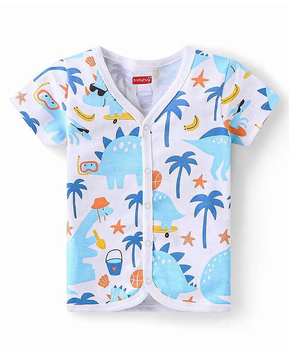 Babyhug 100% Cotton Half Sleeves Set Of Vests Dino & Text Print Pack Of 3 - Orange Yellow & White