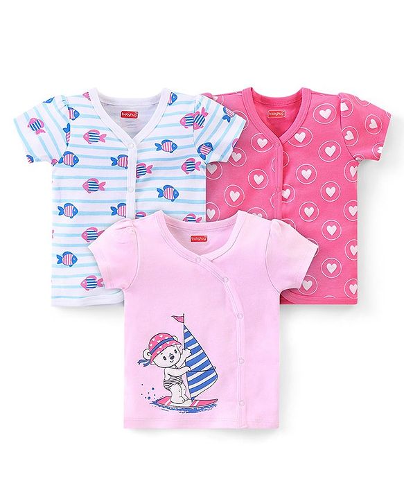 Babyhug 100% Cotton Half Sleeves Front Open Vest  Fish Hearts & Teddy Print Pack of 3 - Pink & Blue
