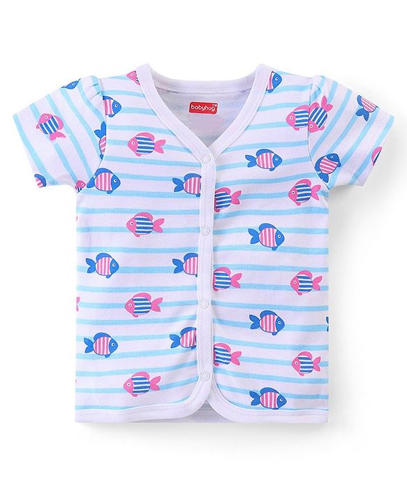 Babyhug 100% Cotton Half Sleeves Front Open Vest  Fish Hearts & Teddy Print Pack of 3 - Pink & Blue