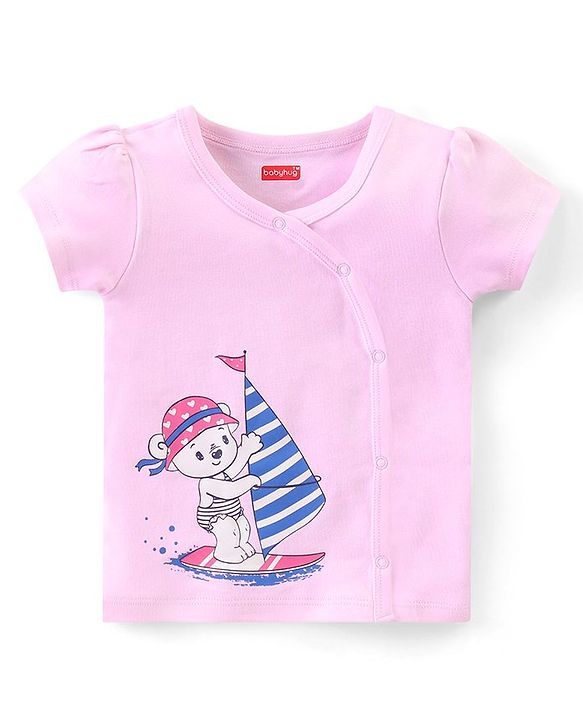 Babyhug 100% Cotton Half Sleeves Front Open Vest  Fish Hearts & Teddy Print Pack of 3 - Pink & Blue