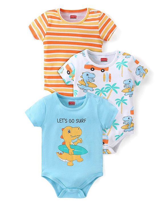 Babyhug 100% Cotton Knit Half Sleeves Onesies with Striped & Dino Print Pack of 3 - Multicolour
