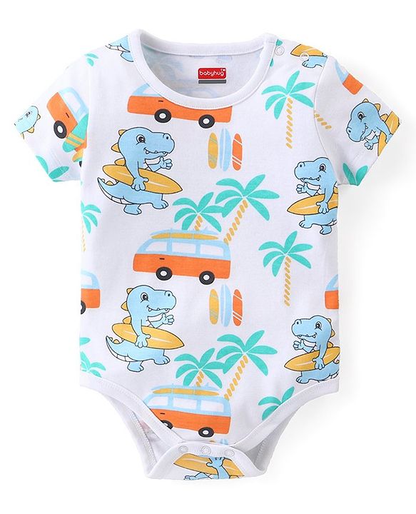 Babyhug 100% Cotton Knit Half Sleeves Onesies with Striped & Dino Print Pack of 3 - Multicolour