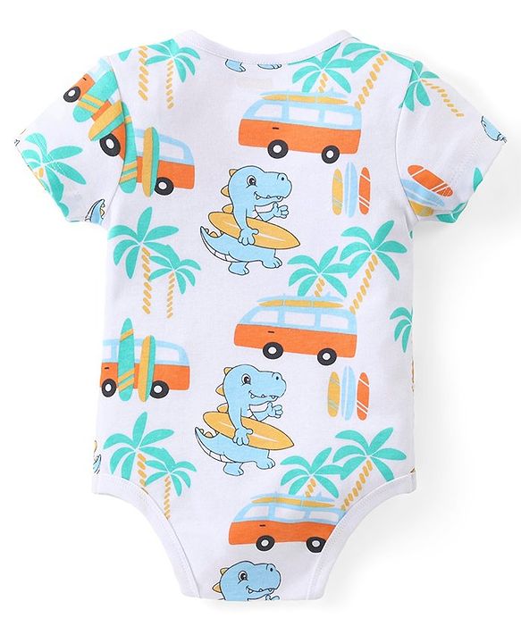 Babyhug 100% Cotton Knit Half Sleeves Onesies with Striped & Dino Print Pack of 3 - Multicolour