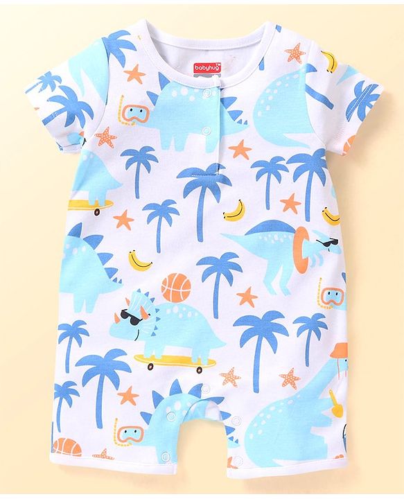 Babyhug 100% Cotton Knit Half Sleeves Romper with Tree Print Pack of 2 - Multicolour