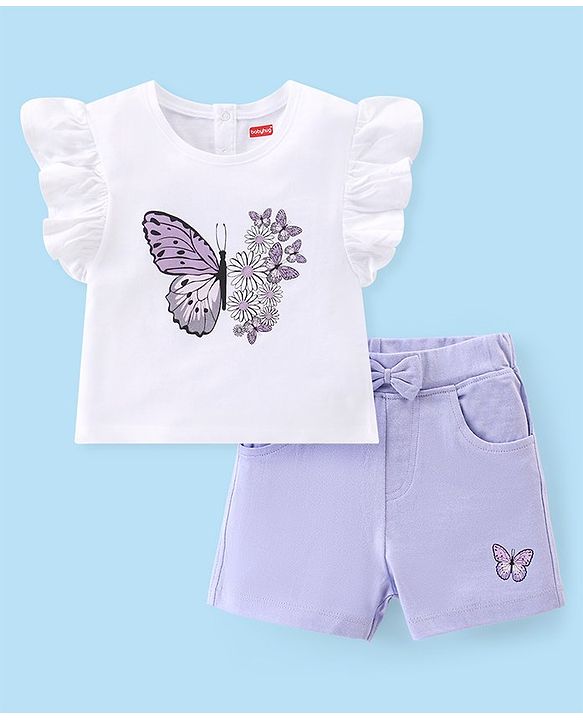 Babyhug Single Jersey Half Sleeves Top And Shorts Set Butterfly Print - White & Lilac
