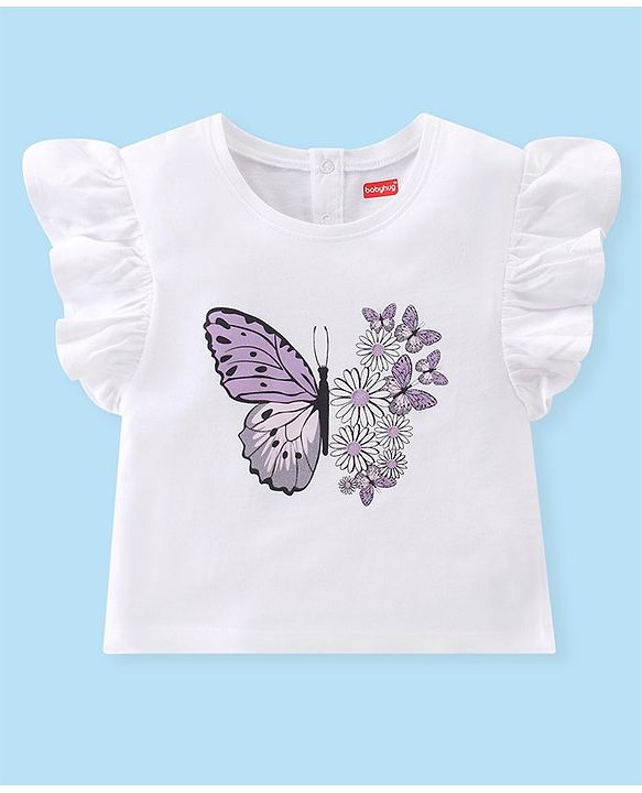 Babyhug Single Jersey Half Sleeves Top And Shorts Set Butterfly Print - White & Lilac