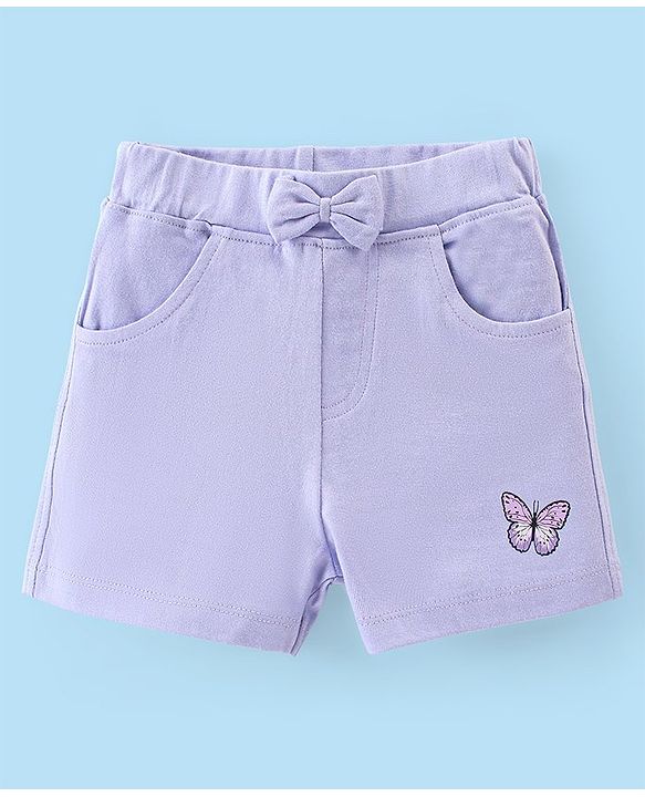 Babyhug Single Jersey Half Sleeves Top And Shorts Set Butterfly Print - White & Lilac