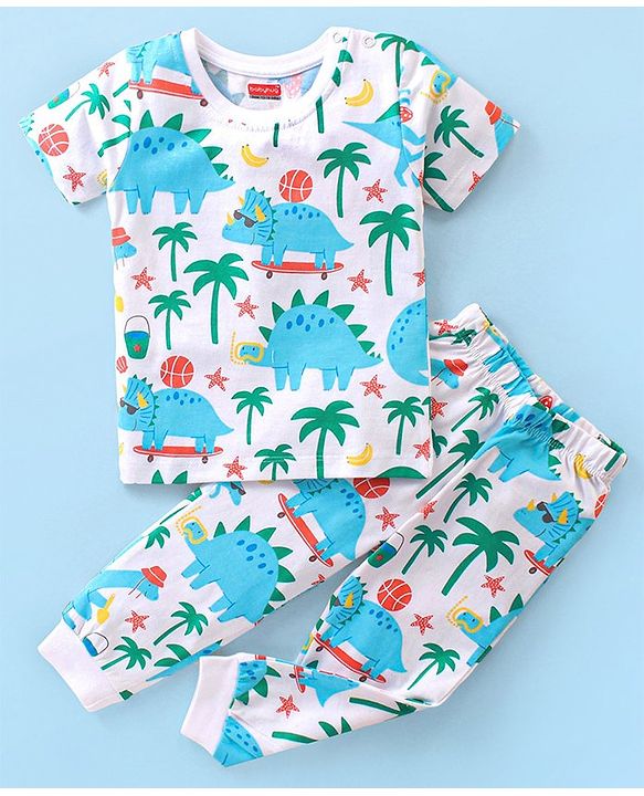 Babyhug Cotton Knit Half Sleeves Night Suit Dino Print - Blue