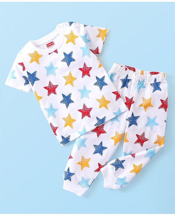 Babyhug Cotton Knit Half Sleeves Night Suit Star Print - Multicolour