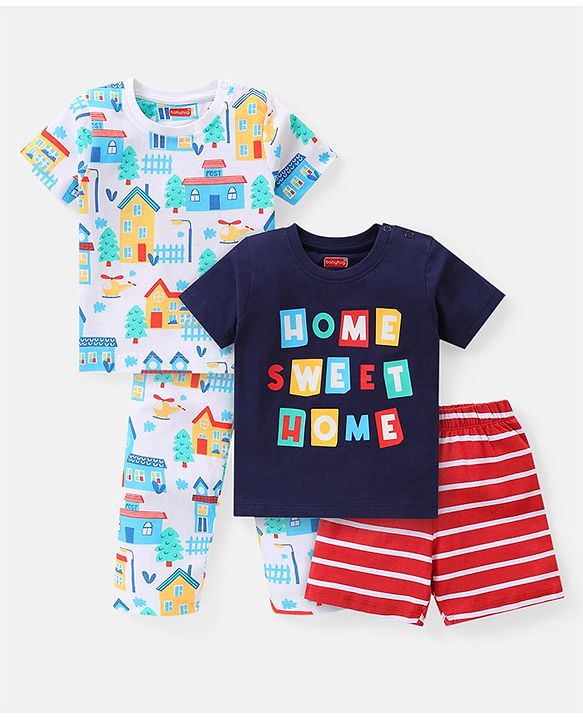 Babyhug Single Jersey Knit Half Sleeves Night Suit Text Print Pack of 2  -  Blue
