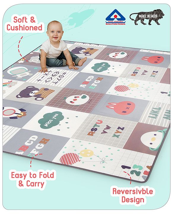 Babyhug Premium Reversible Foldable Waterproof Floor mat- 6 ft x 5 ft| Thickness 8 mm| Education Theme| Colorful| Learn and Play Mat| Soft Foam and Anti-Slip Mat|Baby Massage| Easy to Carry Bag| 0-12 Years| BIS Certified