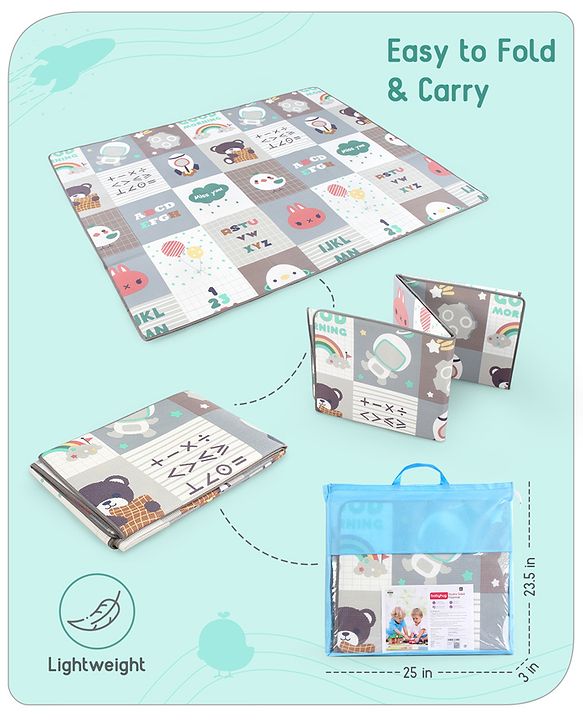 Babyhug Premium Reversible Foldable Waterproof Floor mat- 6 ft x 5 ft| Thickness 8 mm| Education Theme| Colorful| Learn and Play Mat| Soft Foam and Anti-Slip Mat|Baby Massage| Easy to Carry Bag| 0-12 Years| BIS Certified