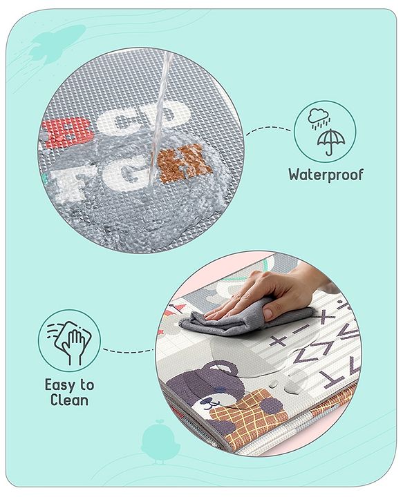 Babyhug Premium Reversible Foldable Waterproof Floor mat- 6 ft x 5 ft| Thickness 8 mm| Education Theme| Colorful| Learn and Play Mat| Soft Foam and Anti-Slip Mat|Baby Massage| Easy to Carry Bag| 0-12 Years| BIS Certified