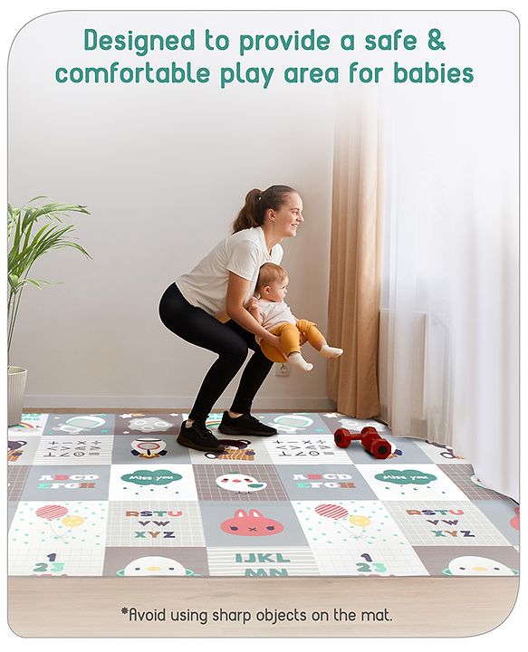 Babyhug Premium Reversible Foldable Waterproof Floor mat- 6 ft x 5 ft| Thickness 8 mm| Education Theme| Colorful| Learn and Play Mat| Soft Foam and Anti-Slip Mat|Baby Massage| Easy to Carry Bag| 0-12 Years| BIS Certified