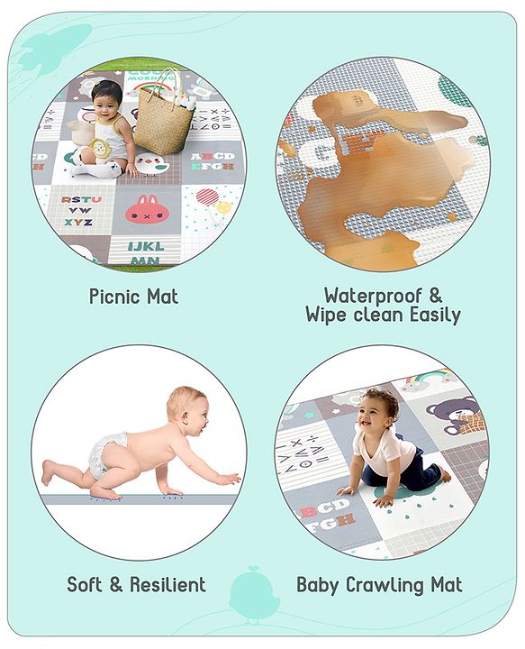 Babyhug Premium Reversible Foldable Waterproof Floor mat- 6 ft x 5 ft| Thickness 8 mm| Education Theme| Colorful| Learn and Play Mat| Soft Foam and Anti-Slip Mat|Baby Massage| Easy to Carry Bag| 0-12 Years| BIS Certified