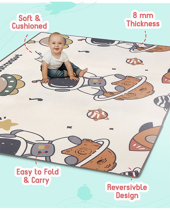 Babyhug Premium Reversible Foldable Waterproof Floor mat- 6 ft x 4 ft| Thickness 8mm|Space Theme|Colorful|Learn and Play Mat|Soft Foam Mat|Baby Massage|Easy to Carry Bag|0-12 Years|BIS Certified