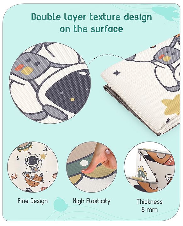 Babyhug Premium Reversible Foldable Waterproof Floor mat- 6 ft x 4 ft| Thickness 8mm|Space Theme|Colorful|Learn and Play Mat|Soft Foam Mat|Baby Massage|Easy to Carry Bag|0-12 Years|BIS Certified