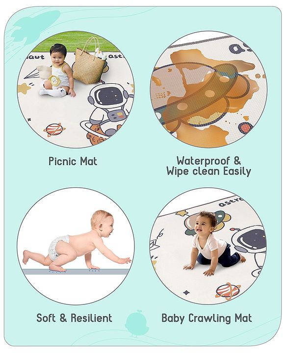 Babyhug Premium Reversible Foldable Waterproof Floor mat- 6 ft x 4 ft| Thickness 8mm|Space Theme|Colorful|Learn and Play Mat|Soft Foam Mat|Baby Massage|Easy to Carry Bag|0-12 Years|BIS Certified