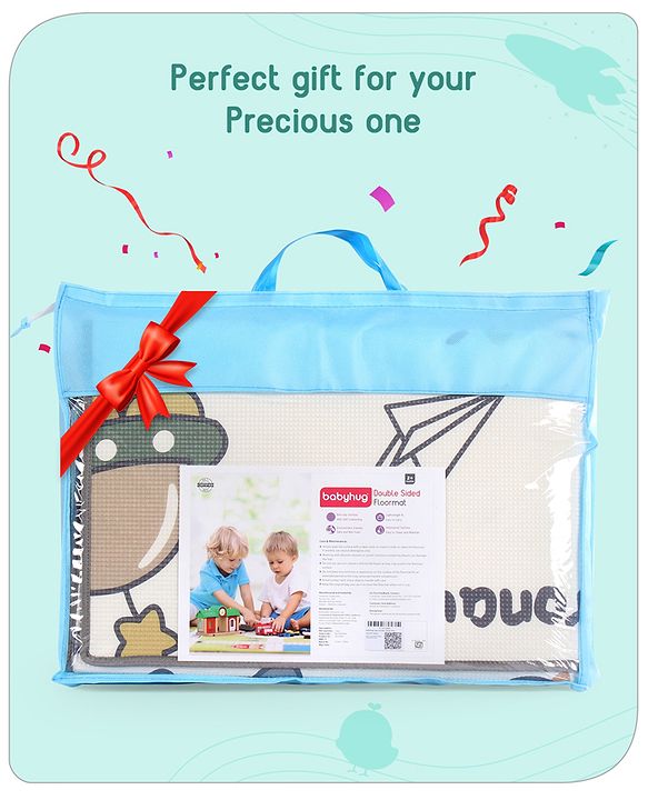 Babyhug Premium Reversible Foldable Waterproof Floor mat- 6 ft x 4 ft| Thickness 8mm|Space Theme|Colorful|Learn and Play Mat|Soft Foam Mat|Baby Massage|Easy to Carry Bag|0-12 Years|BIS Certified