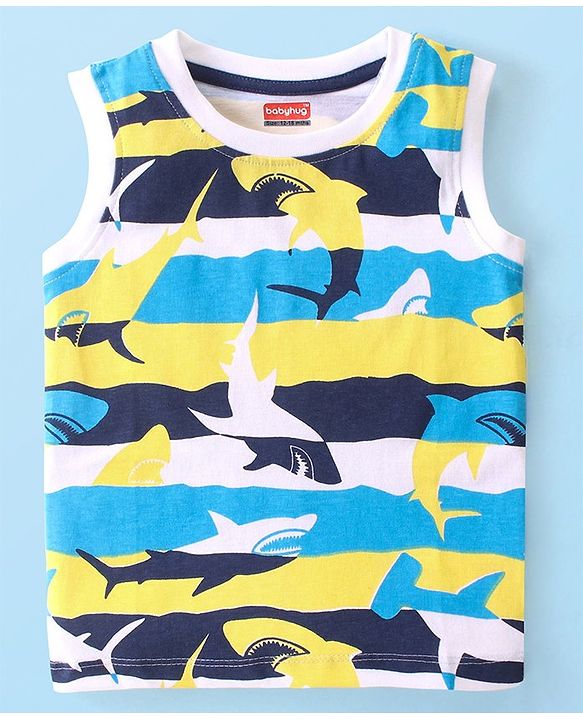 Babyhug Cotton Sleeveless Striped T-Shirt With All Over Sharks Print - Multicolor