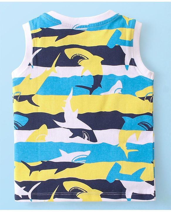 Babyhug Cotton Sleeveless Striped T-Shirt With All Over Sharks Print - Multicolor