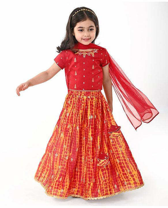 Babyhug Short Sleeves Embroidered Choli With Leheriya Printed Lehenga and Dupatta Set - Orange & Red