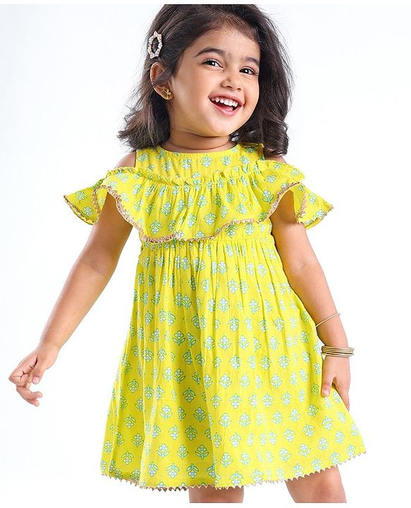 Babyhug 100% Cotton Woven Off Shoulder Cambric Printed Ethnic Dress with Tie up Details  - Yellow