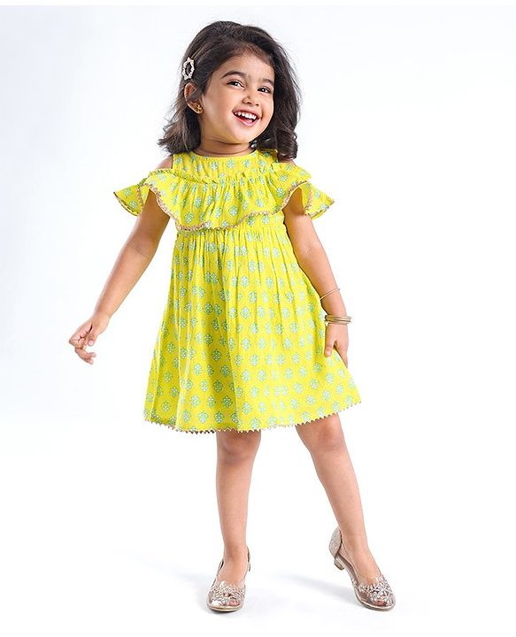 Babyhug 100% Cotton Woven Off Shoulder Cambric Printed Ethnic Dress with Tie up Details  - Yellow