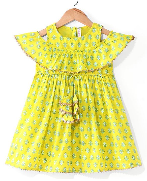 Babyhug 100% Cotton Woven Off Shoulder Cambric Printed Ethnic Dress with Tie up Details  - Yellow