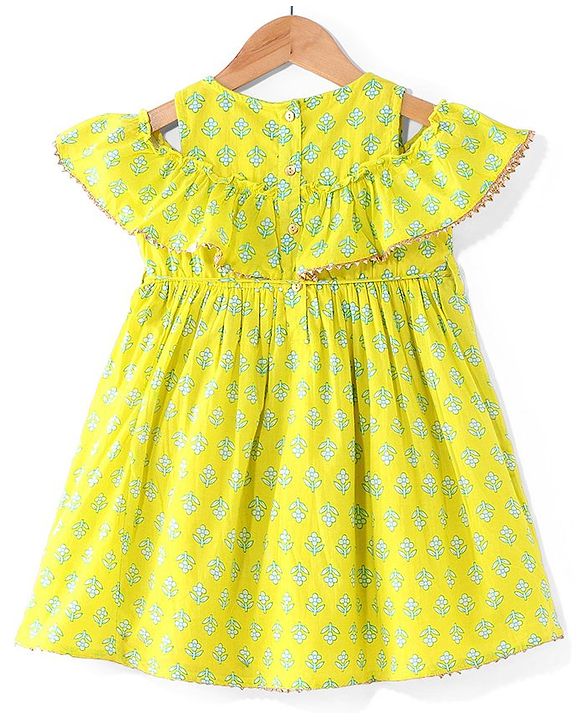 Babyhug 100% Cotton Woven Off Shoulder Cambric Printed Ethnic Dress with Tie up Details  - Yellow
