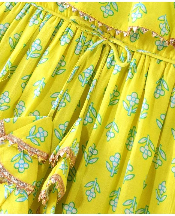 Babyhug 100% Cotton Woven Off Shoulder Cambric Printed Ethnic Dress with Tie up Details  - Yellow