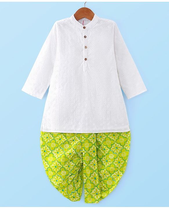 Babyhug Cotton Schiffly Full Sleeves Kurta with Printed Dhoti Set - White
