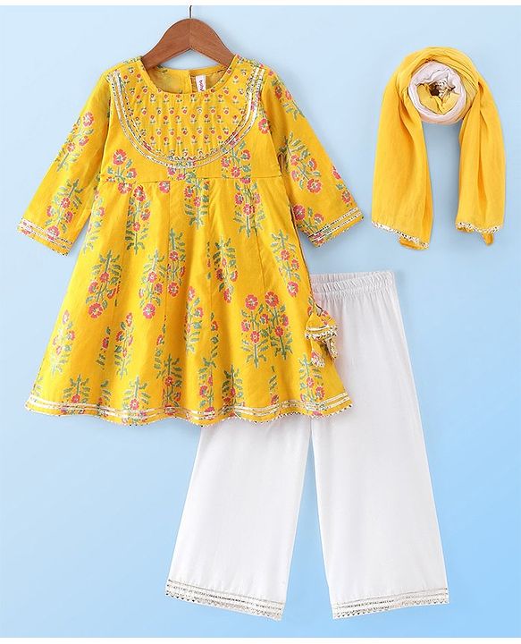 Babyhug Cotton Woven Three Fourth Sleeves Kurti Palazzo Set with Dupatta Floral Print - Yellow