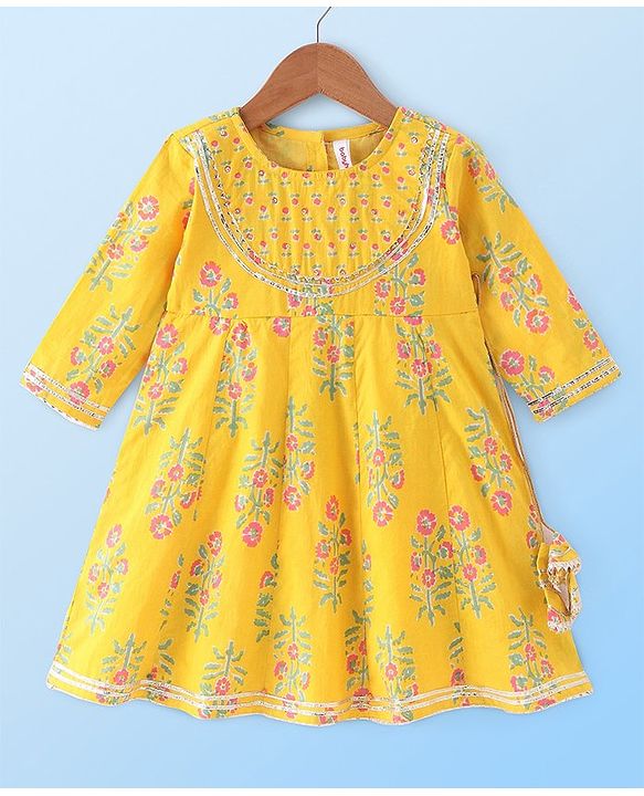 Babyhug Cotton Woven Three Fourth Sleeves Kurti Palazzo Set with Dupatta Floral Print - Yellow