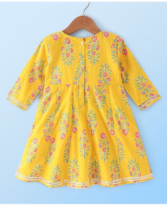 Babyhug Cotton Woven Three Fourth Sleeves Kurti Palazzo Set with Dupatta Floral Print - Yellow