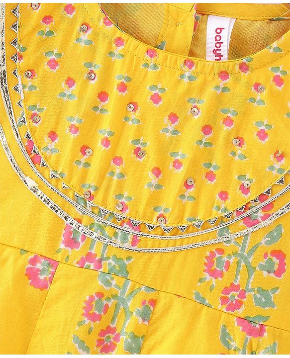Babyhug Cotton Woven Three Fourth Sleeves Kurti Palazzo Set with Dupatta Floral Print - Yellow