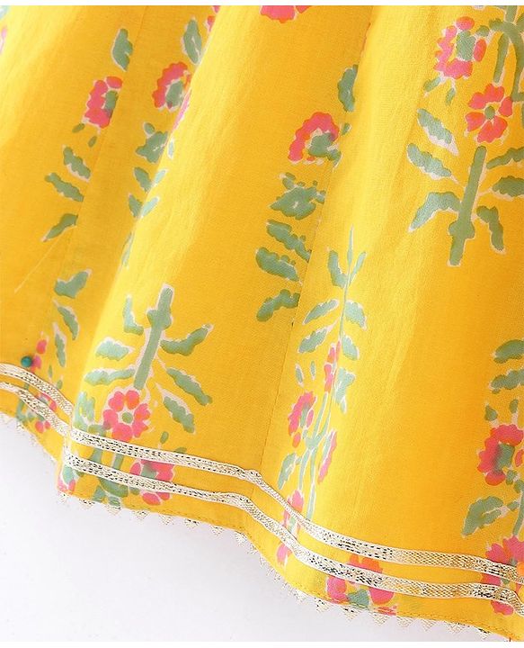 Babyhug Cotton Woven Three Fourth Sleeves Kurti Palazzo Set with Dupatta Floral Print - Yellow
